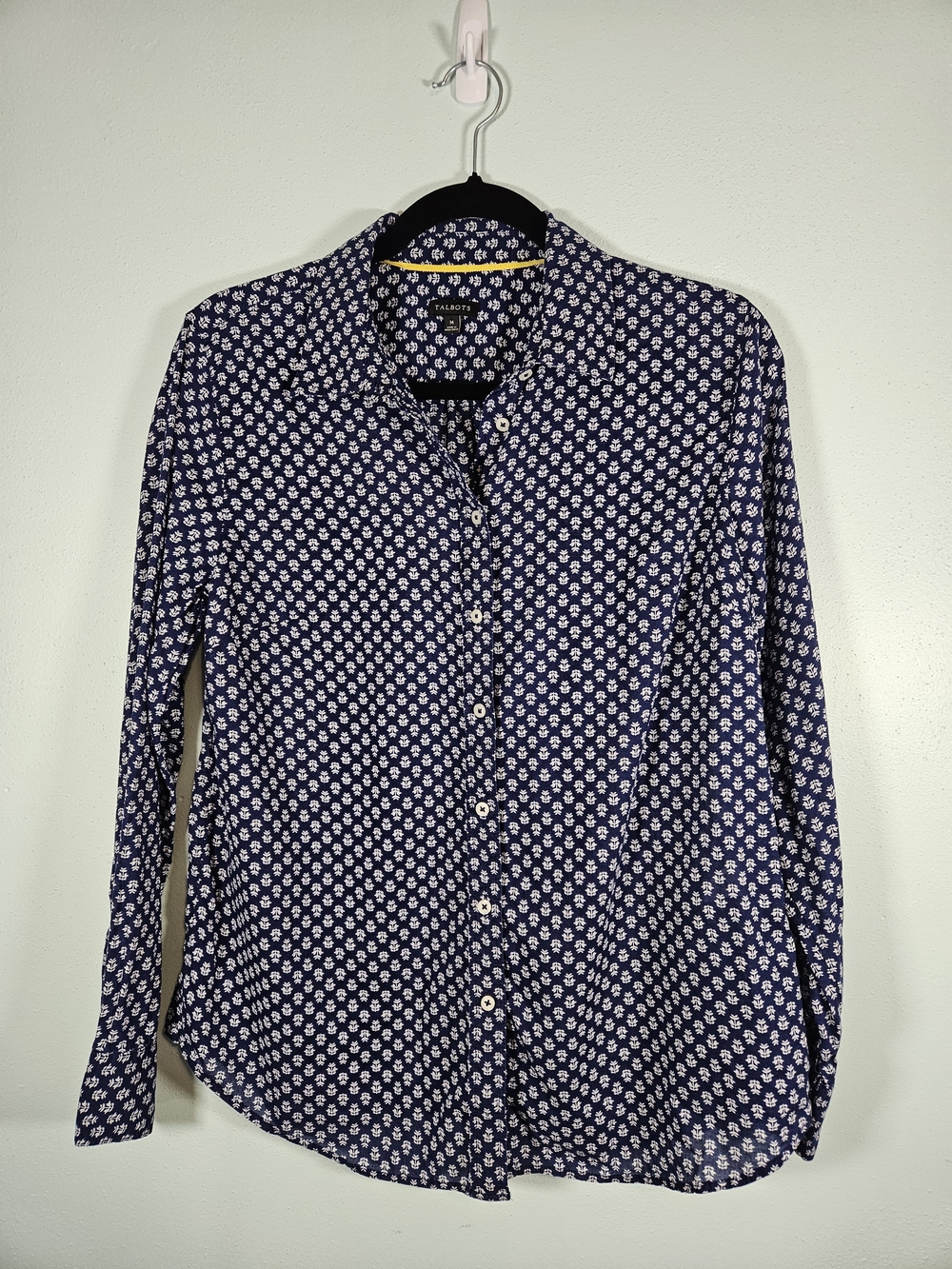 Talbots Navy Blue Button-Down Shirt with White Micro Floral Print